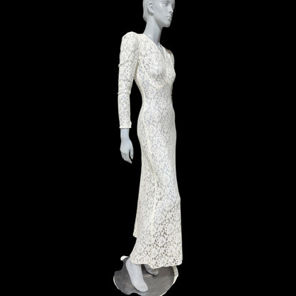 1940s vintage wedding bridal dress, white see through lace sheath full length gown