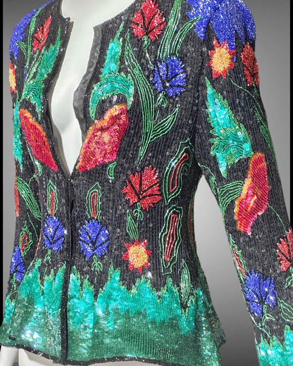 1980s vintage Evening jacket, vibrant jewel tone sequins princess cut elegant cocktail party jacket blouse top