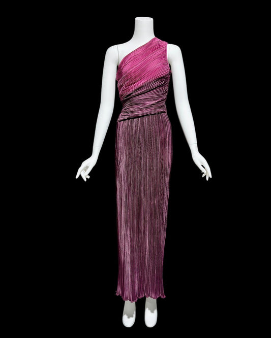 JERI vintage evening dress gown, 1970s one shoulder draped pleated formal gown, raspberry and plum grecian goddess gown