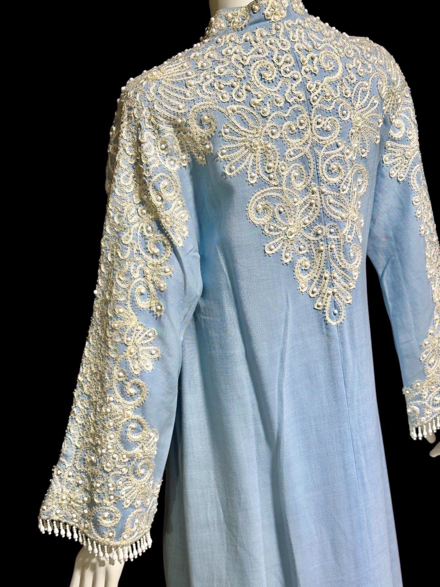 REBECCA vintage linen caftan evening dress, BONWIT TELLER 1960s heavily beaded soutache blue cruise cocktail gown