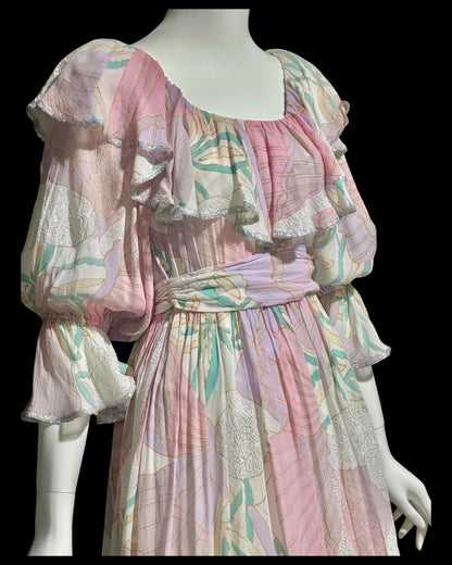 FRANK USHER LONDON, vintage 1970s evening dress, Pastel floral chiffon, Off shoulder gown