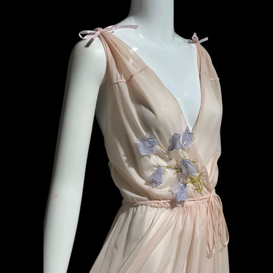 KICKERNICK Vintage 1940s Nightgown Slip dress: Sheer Pink Grecian Goddess gown with flowers