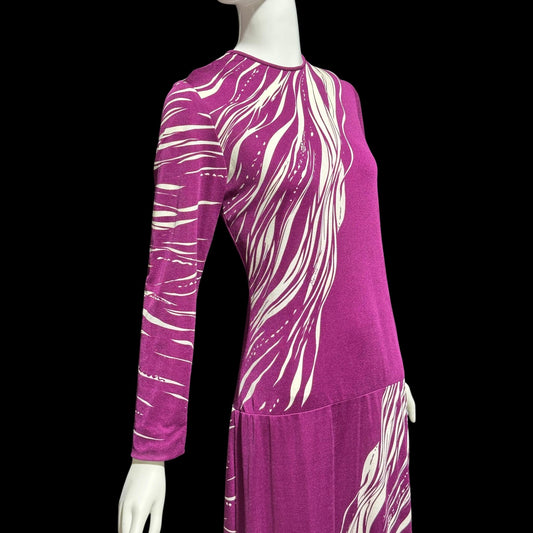PAGANNE GENE BERK, vintage 1970s Maxi Dress, Purple white Lion face jersey knit evening dress, Stretchy, medium large