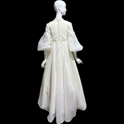 EMMA DOMB vintage wedding dress gown, 1960s white Queen Anne High Neck Juliet Puffed Sleeve Romantic Bride