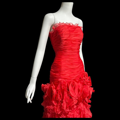 BELLVILLE SASSOON Lorcan Mullany, vintage 1980s evening dress, Red mermaid sheath gown, strapless tiered ruffles with matching bolero