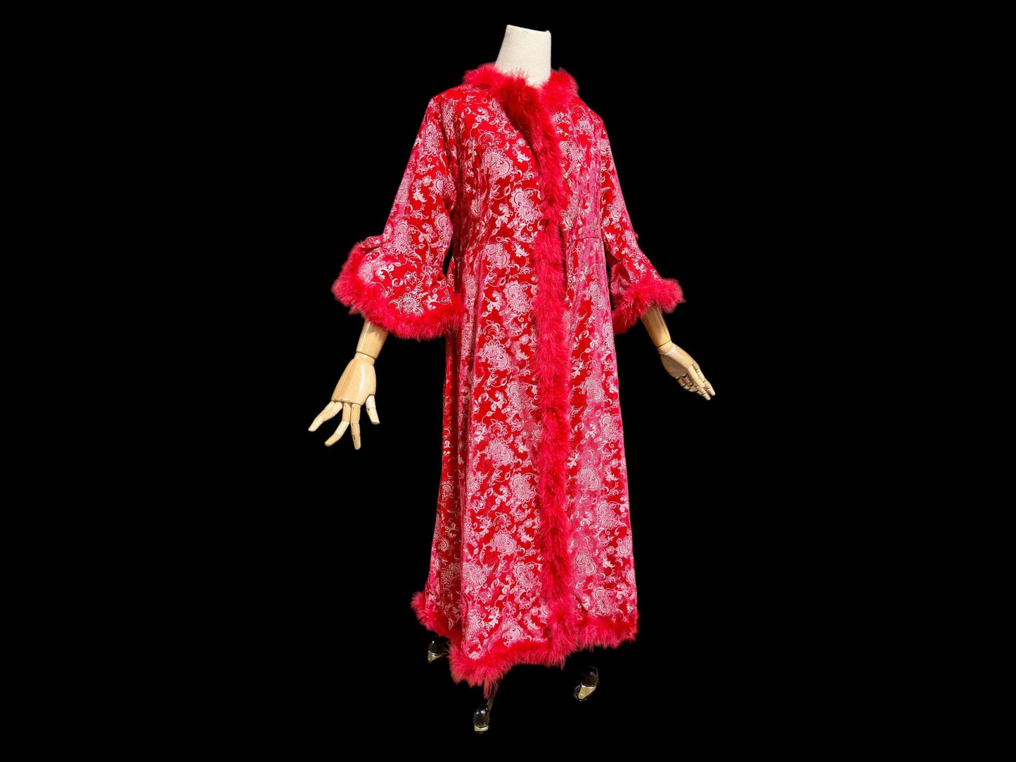 1970s vintage red velvet robe with marabou feather trim, wrap style housecoat