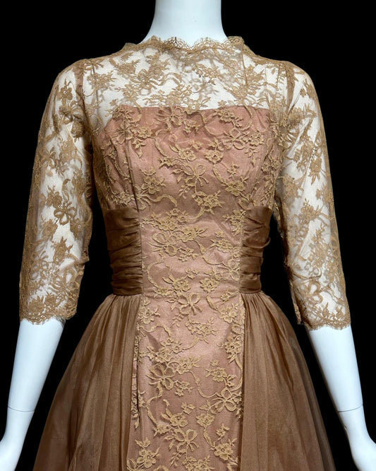 CLIFTON WILHITE vintage 1950s dress, Mocha Mousse lace organza evening cocktail party dress
