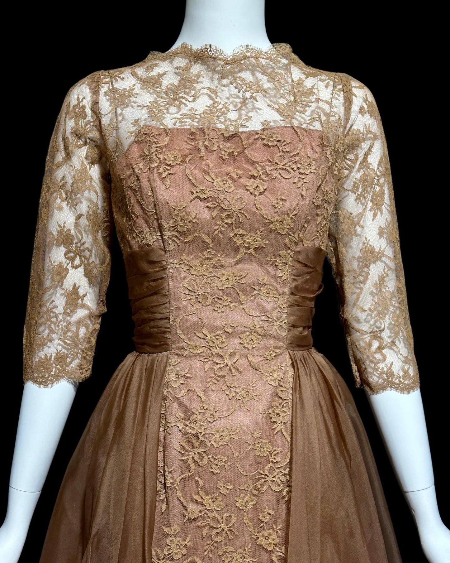 CLIFTON WILHITE vintage 1950s dress, Mocha Mousse lace organza evening cocktail party dress