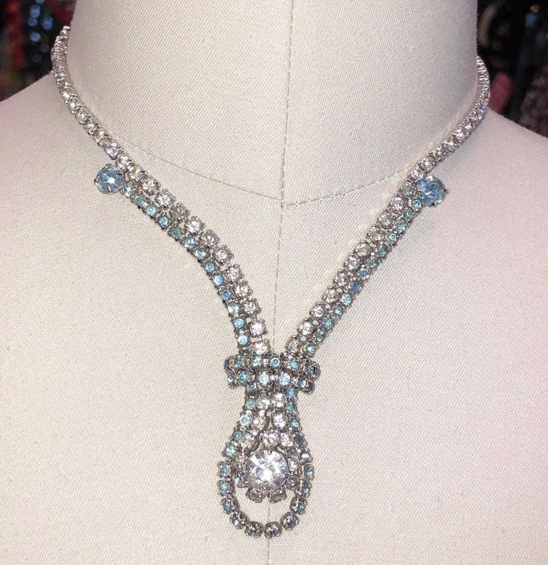 1950s vintage rhinestone necklace, clear crystal and blue rhinestone drop necklace