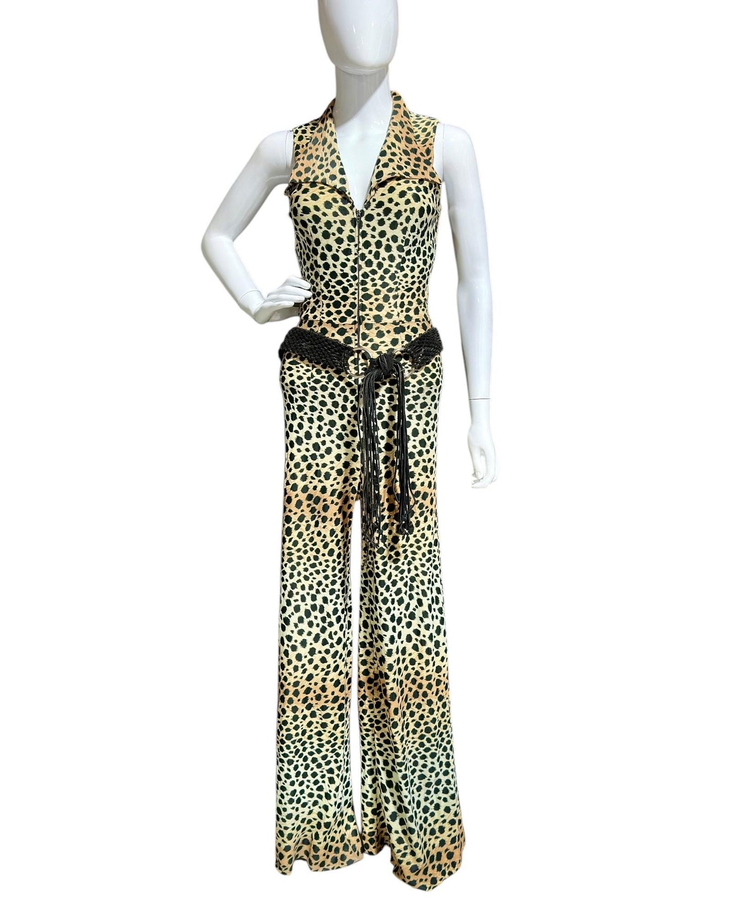 1970s vintage jumpsuit, Animal print BOND GIRL, bell bottom wide leg zip up jump suit