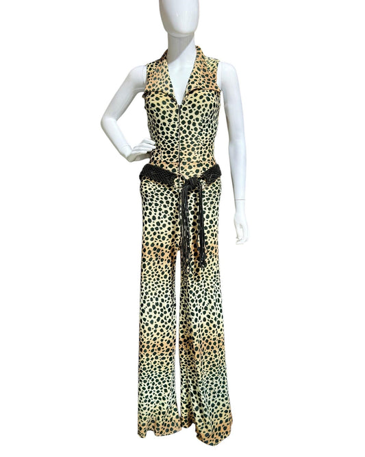 1970s vintage jumpsuit, Animal print BOND GIRL, bell bottom wide leg zip up jump suit