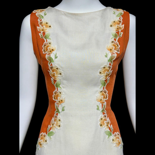 CHARLES WARNER, vintage 1960s Linen day dress, organza floral trim, Cocktail Party luncheon dress