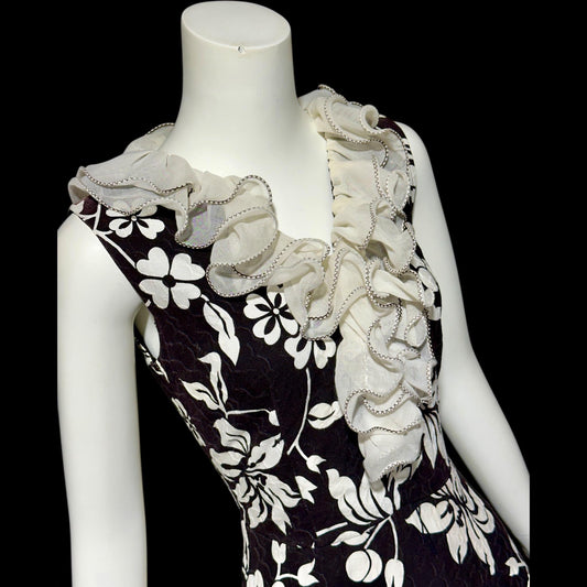 COCO CALIFORNIA, Vintage 1970s maxi dress, Black and White cotton cocktail dress, Ruffled collar