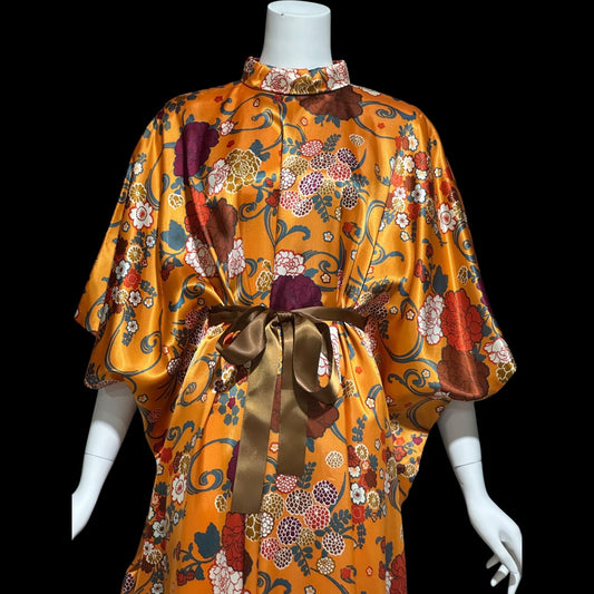 CONCORD FABRICS, vintage 1970s caftan dress, Copper floral satin Kaftan House Dress, One size