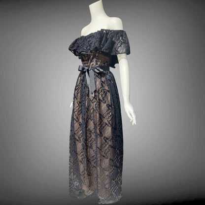1970s vintage evening dress gown, black lace and sequin ruffled off the shoulder formal dress
