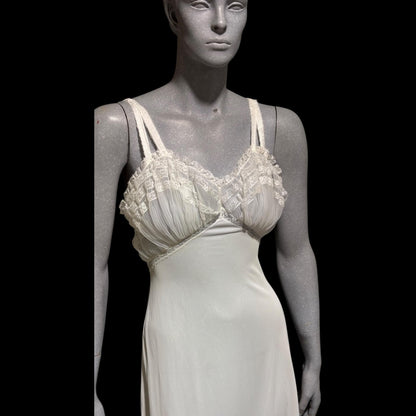 YOLANDE vintage Nightgown slip dress, 1940s white full length ruffled nylon lingerie dress