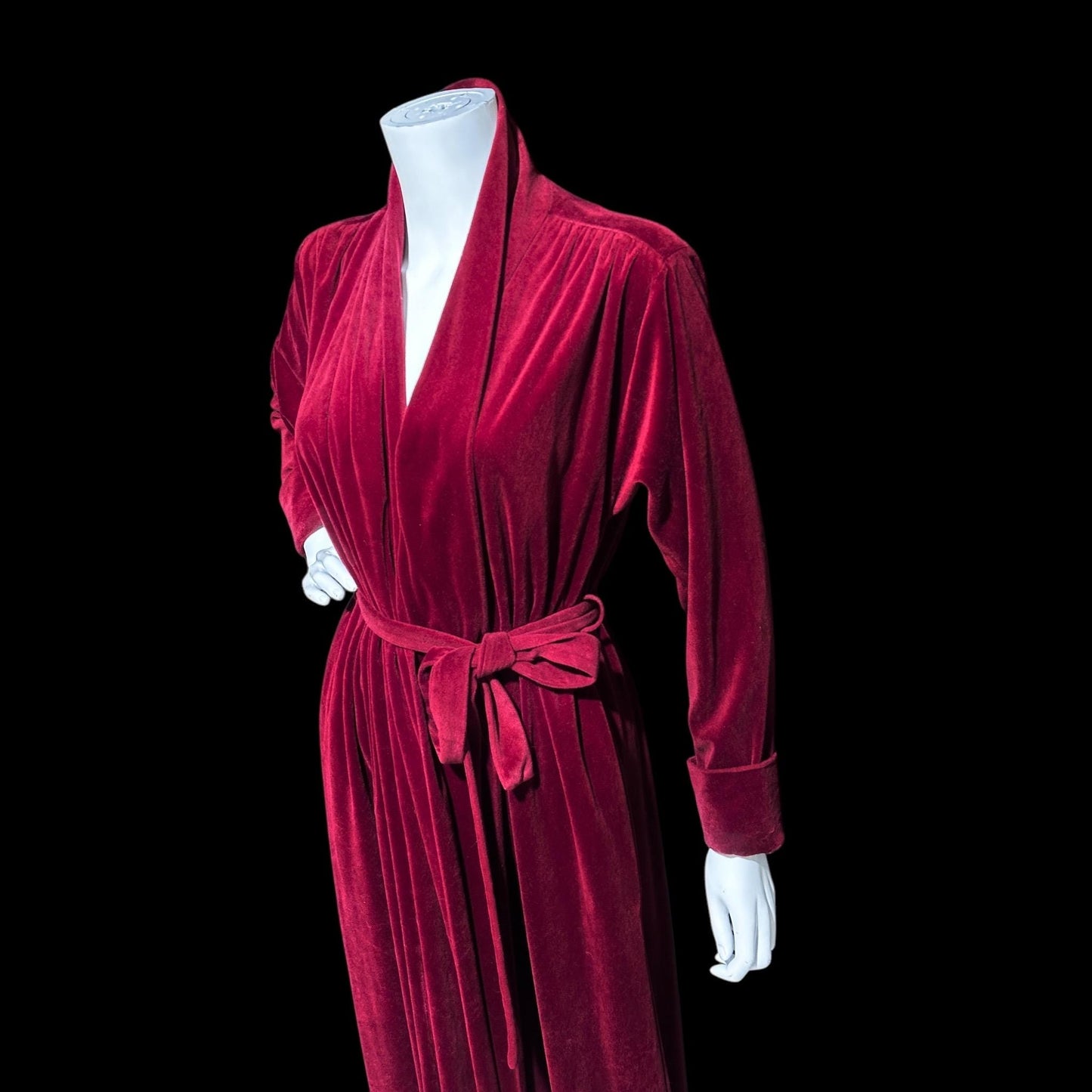 MISS DIOR Vintage 1970s housecoat robe, Deep Red Merlot plush velvet wrap front housecoat with pockets