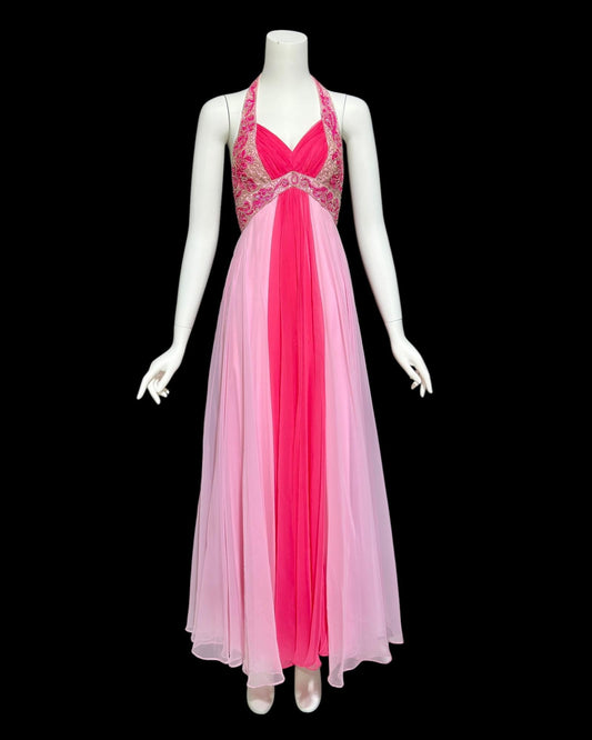 MIKE BENET evening prom dress, 1960s vintage pink chiffon beaded halter evening ball gown