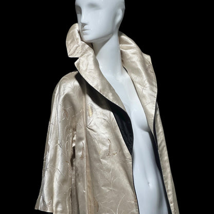 1950s Vintage evening swing coat, Reversible pearl and black shiny silk damask butterfly opera coat