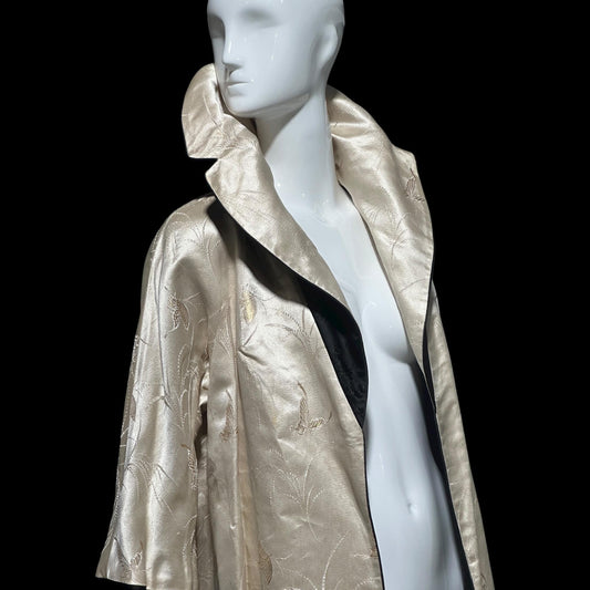 1950s Vintage evening swing coat, Reversible pearl and black shiny silk damask butterfly opera coat