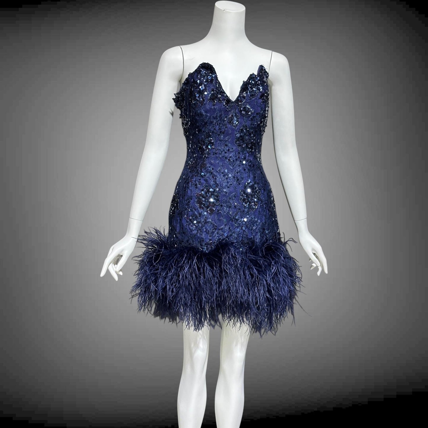 LILLIE RUBIN, vintage 1980s MINI Party Prom cocktail dress, Navy Blue Strapless sequin lace and ostrich feathers