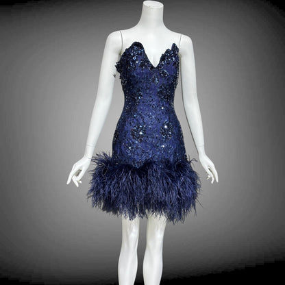 LILLIE RUBIN, vintage 1980s MINI Party Prom cocktail dress, Navy Blue Strapless sequin lace and ostrich feathers