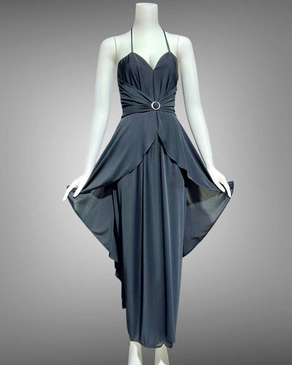 FRANK USHER 1970s vintage Black disco halter evening Dress, Bustier bodice and Long Peplum skirt