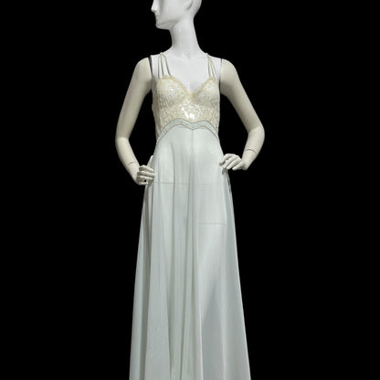 1930s Vintage nightgown robe set, sheer and ethereal blue nylon and white lace slip dress and peignoir set
