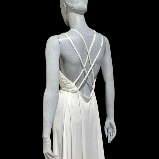 ESTEVEZ Vintage 1970s White Jersey Knit Gown: Grecian Goddess Plunging Neckline Backless