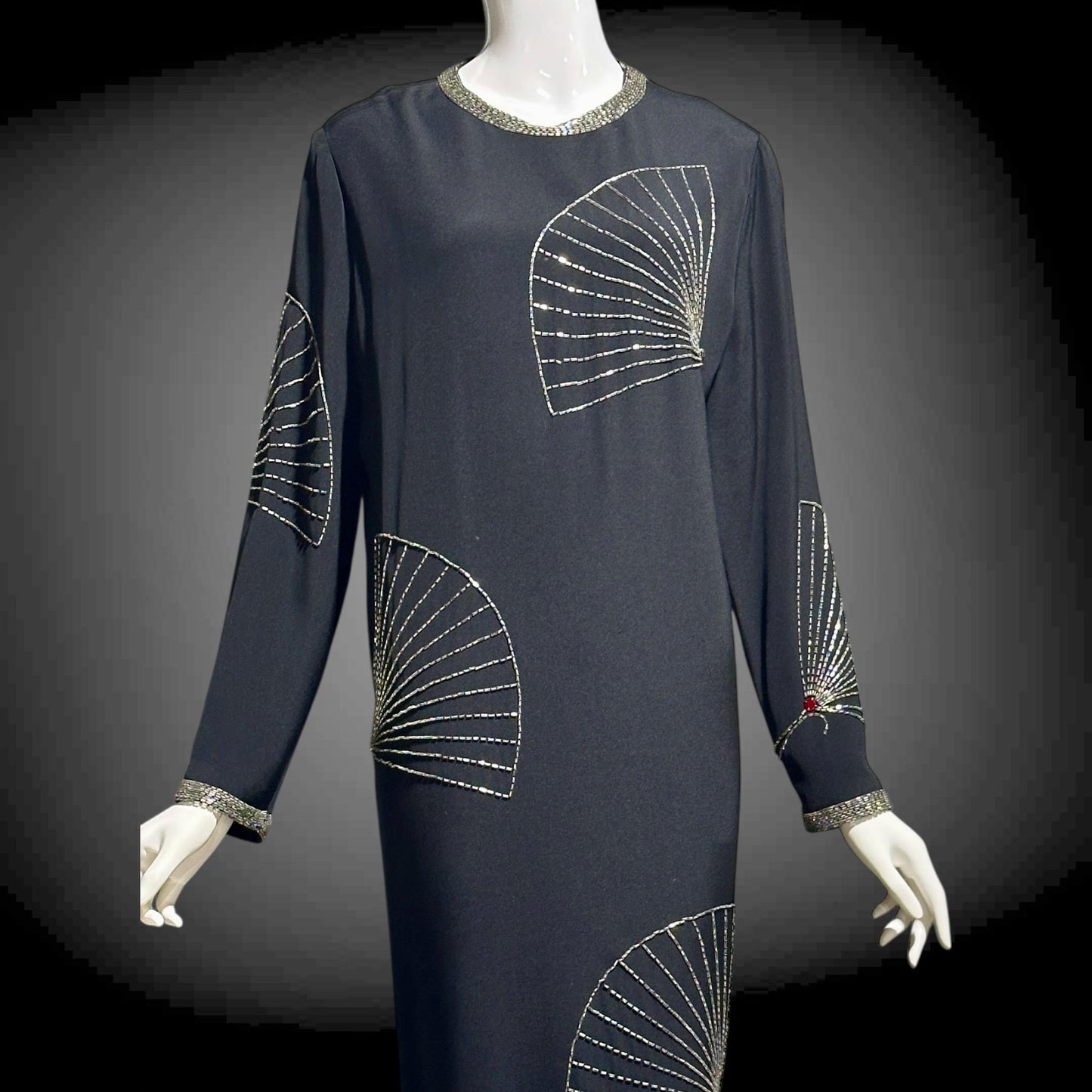 ADELE SIMPSON 1980s black cocktail party shift dress with beaded fans