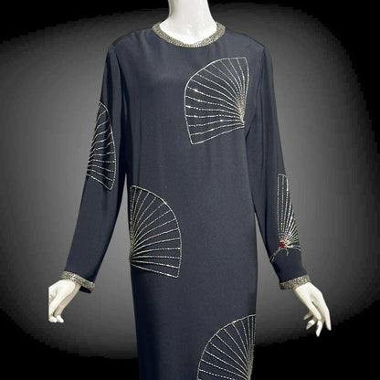 ADELE SIMPSON 1980s black cocktail party shift dress with beaded fans
