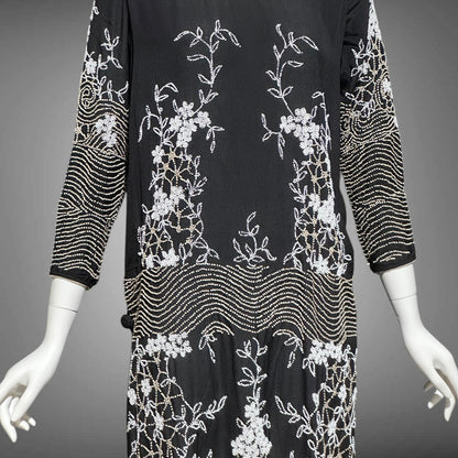 HOUSE OF ADAIR, vintage 1920s party dress, black and white shift beaded flapper dress, heavy beading