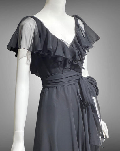 MOLLIE PARNIS vintage evening dress gown, 1970s black poly chiffon ruffled neckline scarf dress
