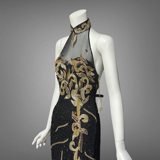 J REYNOLDS DESIGNS, vintage 1990s evening gown, Deadstock Black Beaded Halter Prom slip dress