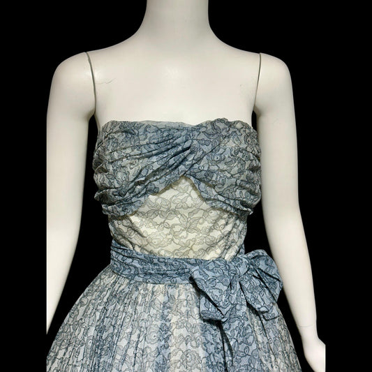 1950s vintage Pleated Party Dress: Slate Blue Grey floral strapless Cocktail Prom Dress