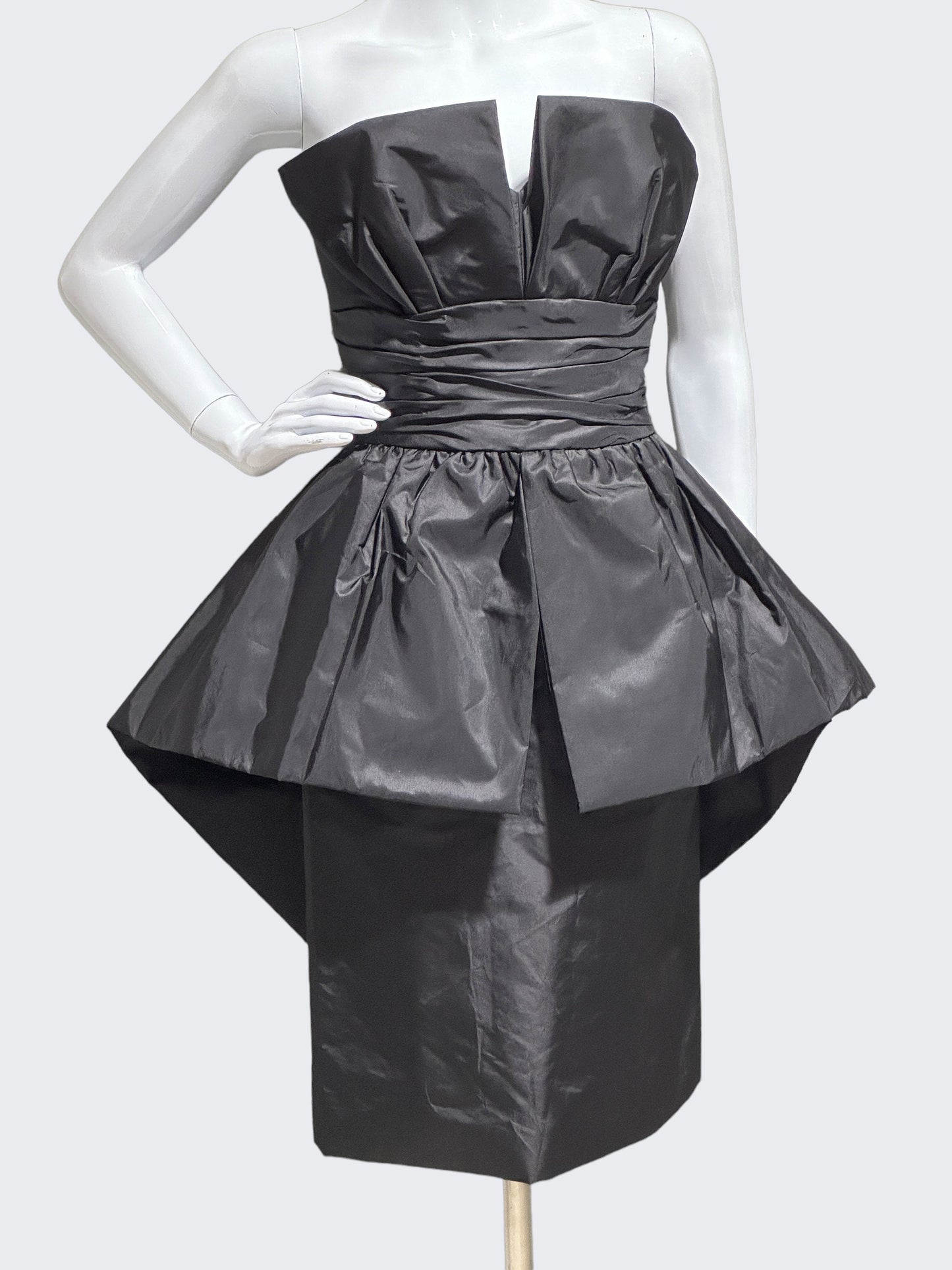 VICTOR COSTA 1980s vintage evening dress, Black Taffeta wiggle peplum avant garde party dress