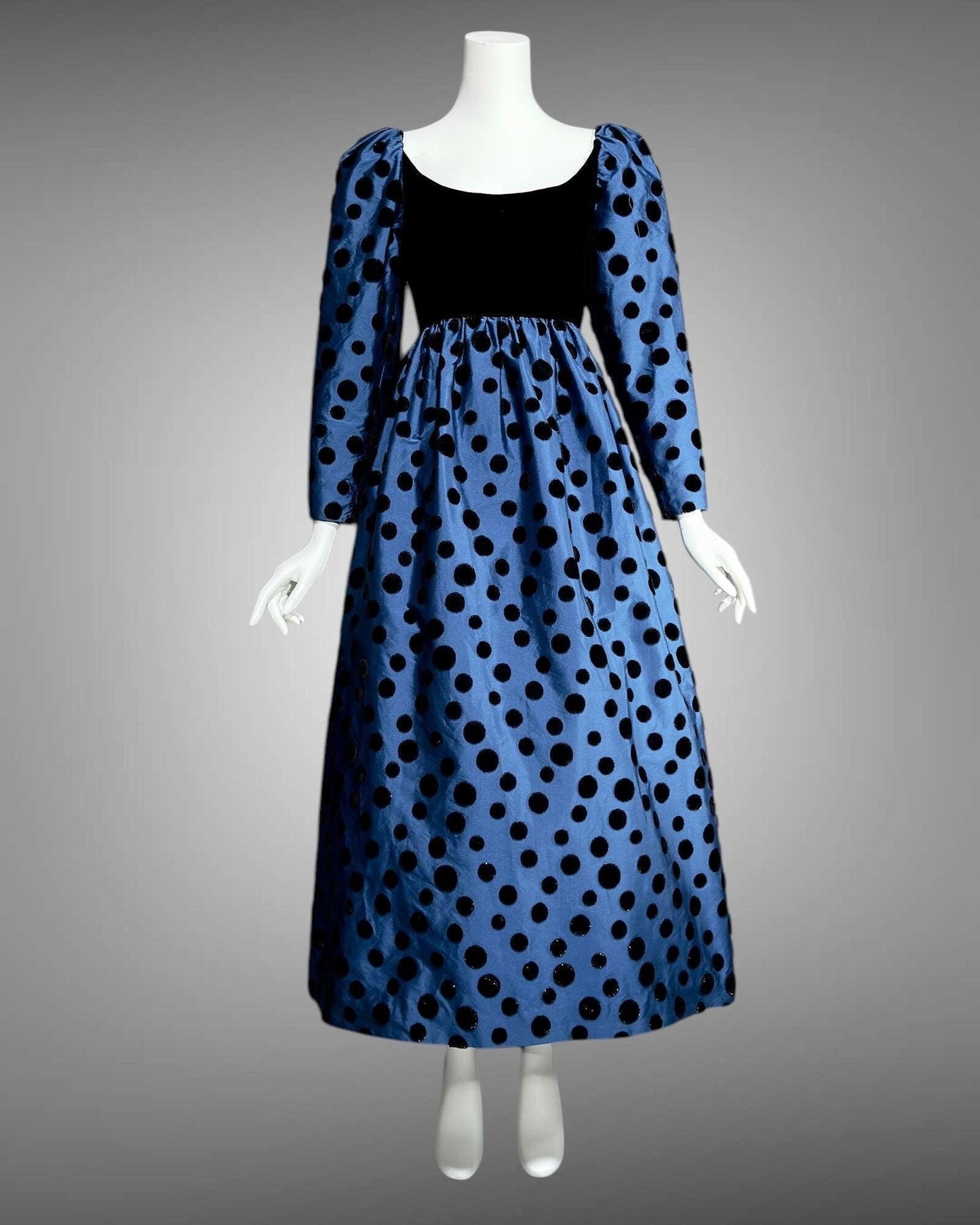 ADELE SIMPSON vintage 1960s evening dress, steel blue taffeta with black velvet flocked polka dots