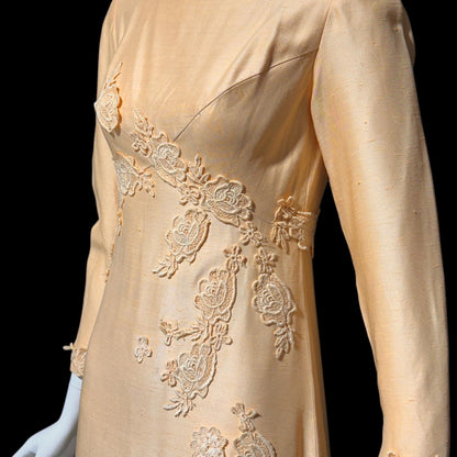 1960s Vintage evening bridesmaid dress, PEACH raw silk Mod gown, Long sleeves empire waist with flower appliques'