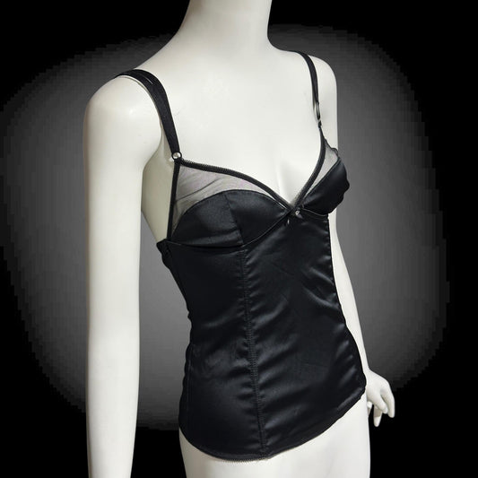DOLCE & GABBANA, vintage Y2K bustier corset, shiny black satin camisole with mesh trim, Summer Tank Top