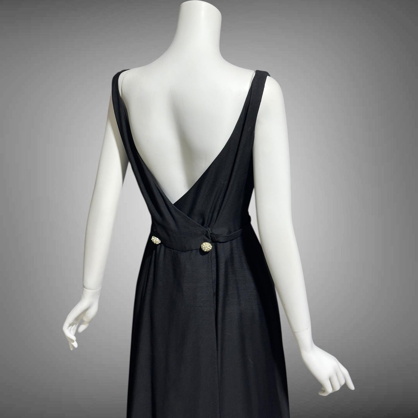 FRANK JELLEFF, vintage 1960s evening dress gown, black formal dress, Deep dive backless