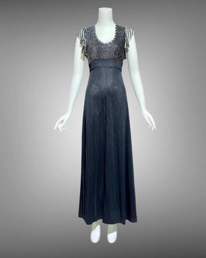 YOUNG INNOCENT by ARPEJA, 1970s vintage black jersey knit & lurex long dress