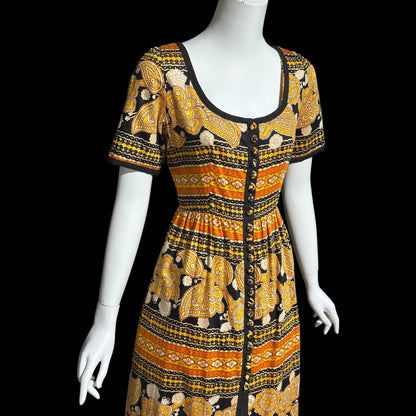 OSCAR de la RENTA, vintage 1960s day dress, Orange and Black Paisley and floral cotton dress