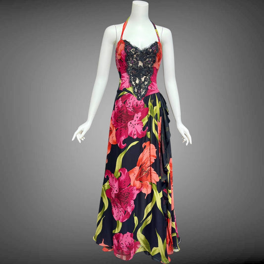 ROSE TAFT vintage 1990s evening dress gown, all silk pink and orange tiger lily floral chiffon halter gown