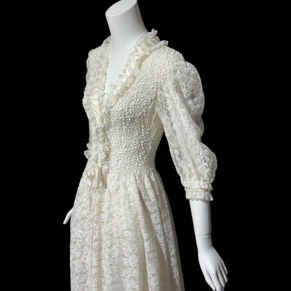 ODETTE BARSA, vintage 1950s dressing gown robe, white smocked elastic and lace bridal robe