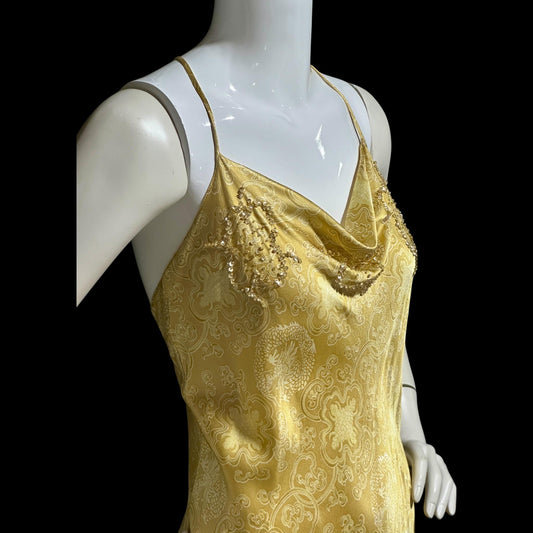 JOSIE NATORI, vintage Y2K nightgown slip dress, gold asian motif silk bias cut sequin sheath