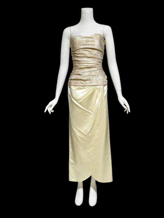 1950s vintage evening dress, Very Marilyn Monroe, Creamy satin with Gold metallic, faux wrap skirt ruched bodice