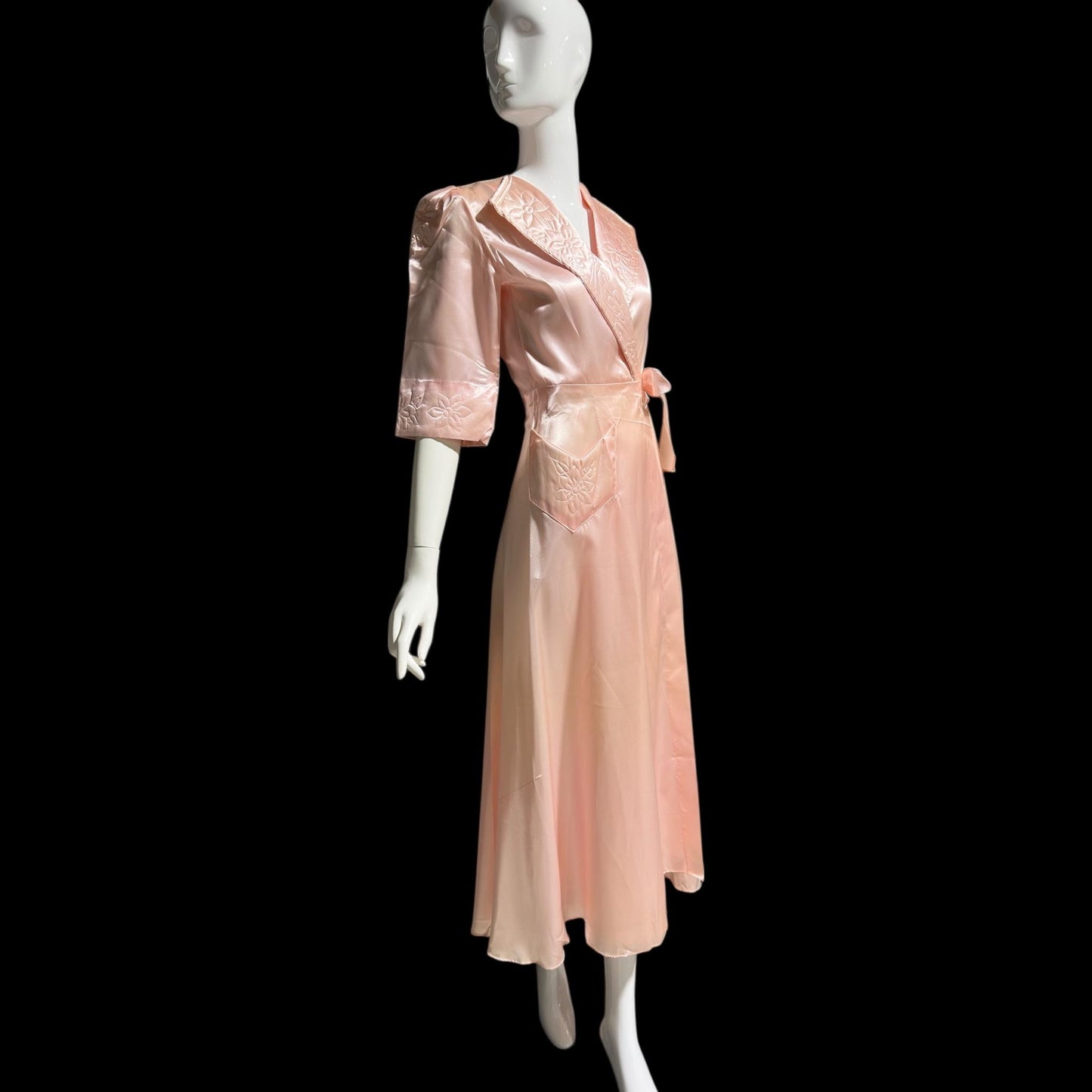 ANITA vintage 1940s Dressing Gown Robe, Made in Cuba Shiny Satin Pink Wrap Housecoat
