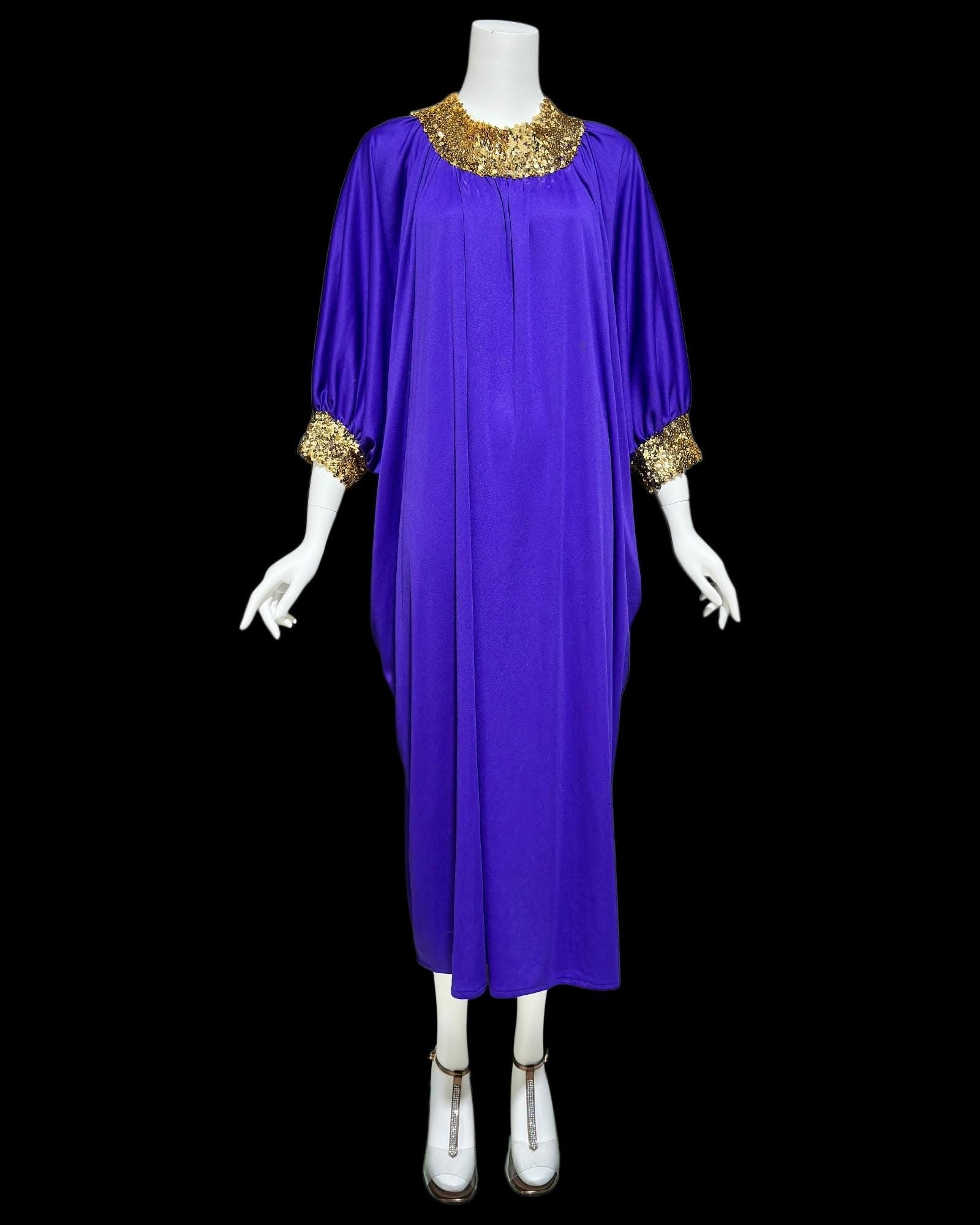 1970s vintage caftan dress, purple polyester batwing and sequin hostess evening dress