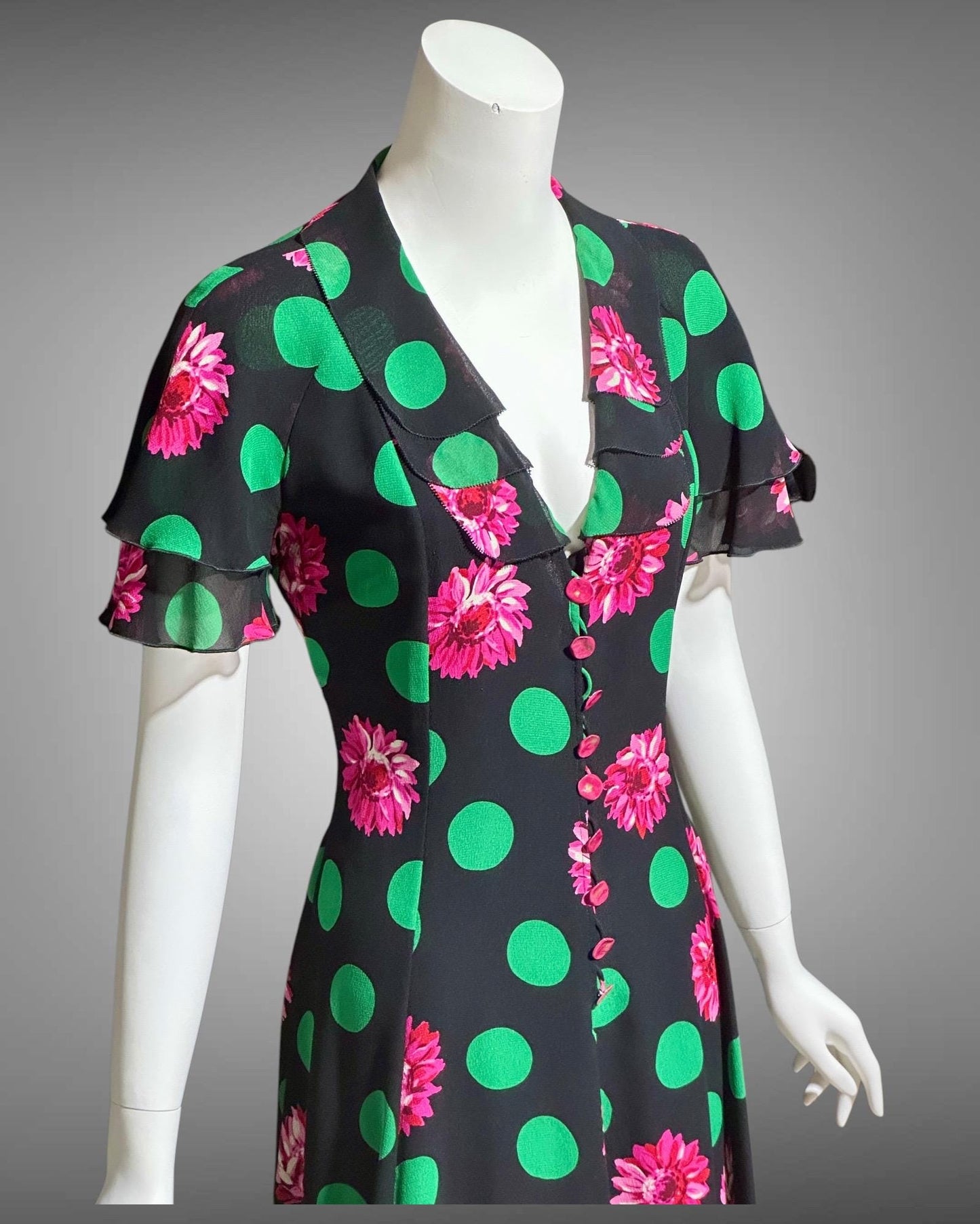 EMANUEL UNGARO 1980s vintage evening dress, polka dots and dahlias, button front flirty tiered ruffle skirt party dress