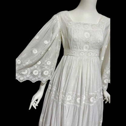 1970s Mexican Wedding dress, White batiste cotton embroidered empire ball gown